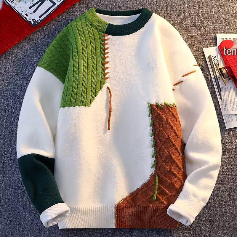 Unisex Patchwork Color-Block Sweater: Casual, Loose-Fit Knit Pullover for Autumn and Winter