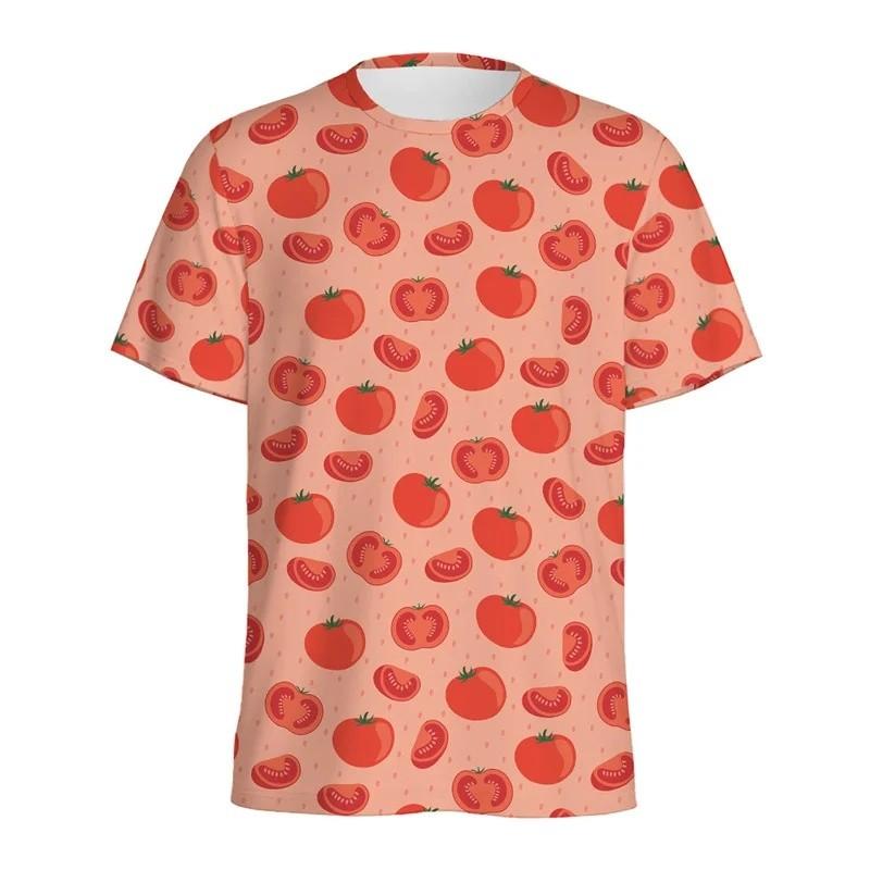 Cartoon Rote Tomate 3D-Druck Kinder T-Shirt Gemüse Grafik T-Shirt Rundhals Kurzarm Oberteil Tägliches Spielen Outdoor-Aktivität Kinderbekleidung