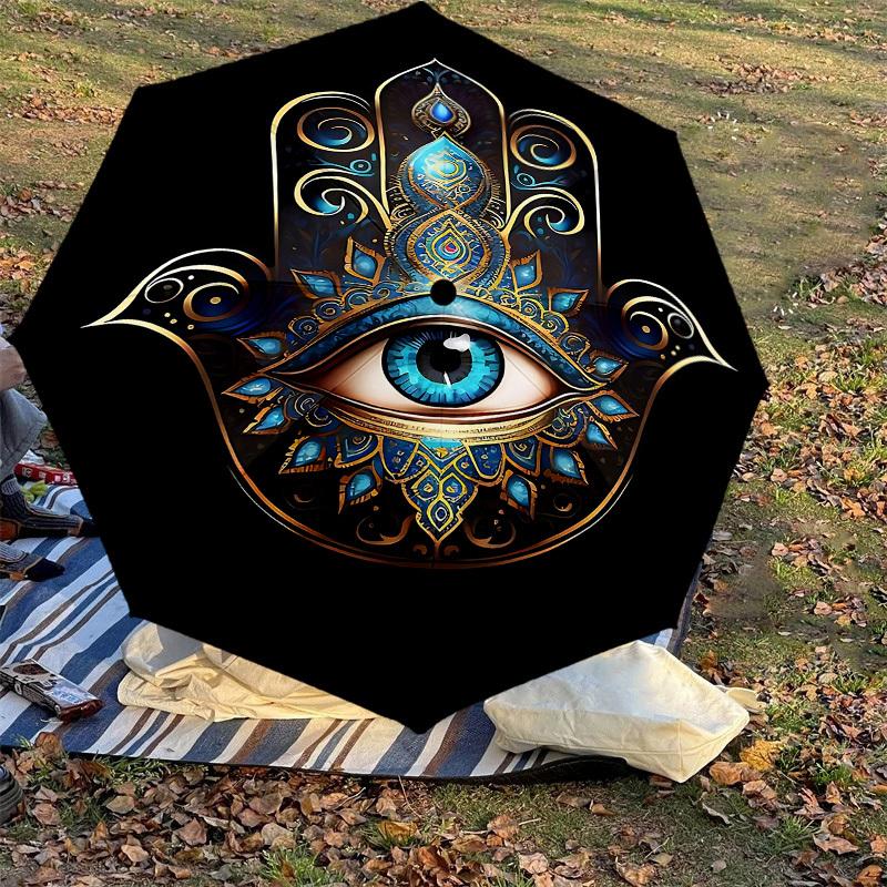 1PC Hamsa Eye Automatic Open/Close Umbrella with Windproof, 8-Rib Sturdy Canopy, Durable Ribs, Fashionable Design, Outdoor Accessory, Fun Prin, Holida