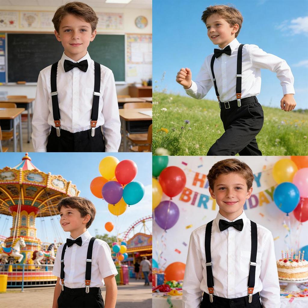 Kids 3 Clips Suspenders Bow Tie Set Adjustable Elastic Braces for Boys Girls