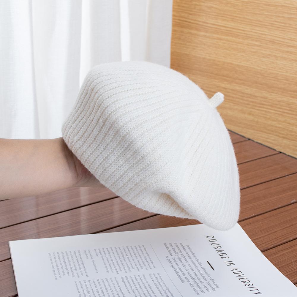 Gray knitted beret women's autumn and winter atmosphere hat versatile warm wool hat painter hat