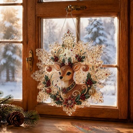 Lightweight Durable Acrylic Ornaments Christmas Pendant with Metal Chain, Double-sided Printed 2D Snowflake Indoor Wall And Window Decorations