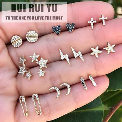 RUI RUI YU 9 paia orecchini da donna orecchini alla moda da donna set diamanti artificiali intarsiati stella luna rotonda amore