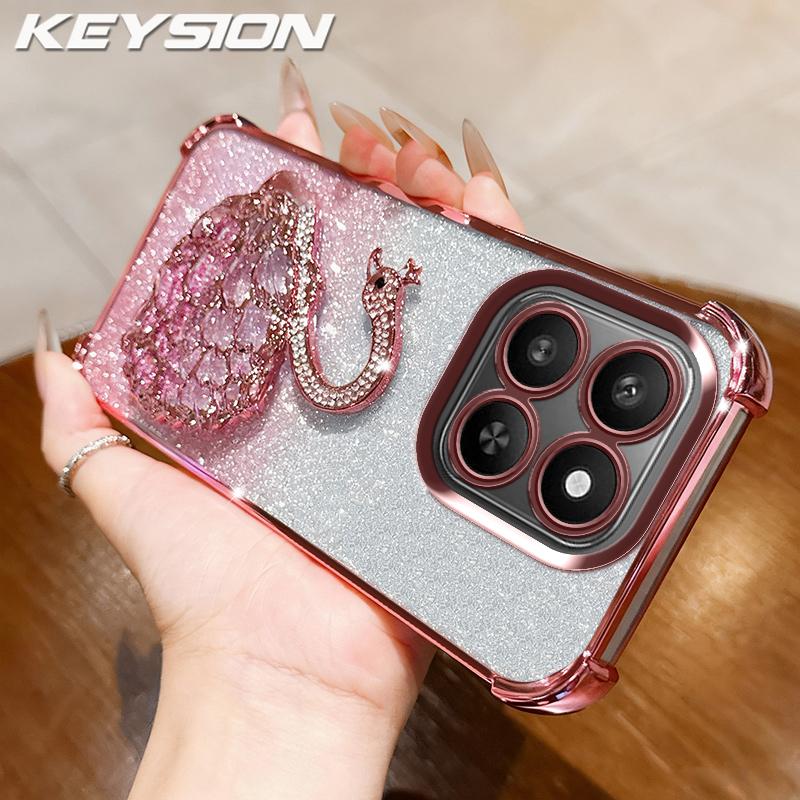 KEYSION Shockproof Plating TPU Phone Case for HONOR X7d 5G Glitter Jewelled Swan kickstand Back Cover for Honor 400 Smart 5G