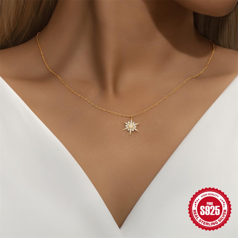 S925 Sterling Silver Personalized Fashion Simple Inlaid Opal Sunflower Star Collarbone Chain Necklace