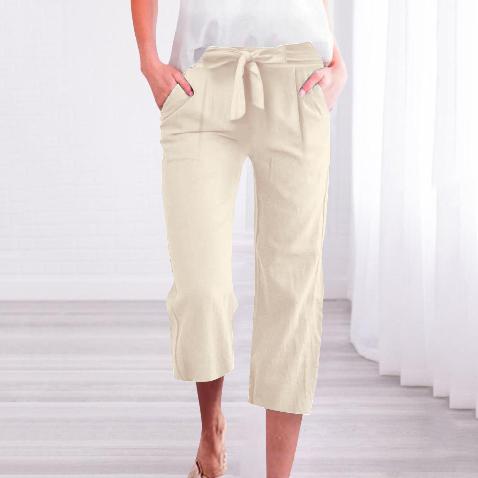 

Брюки для женщин, повседневные летние однотонные эластичные брюки с высокой талией из хлопка и льна, свободные брюки с карманами и завязками до середины штанин M бежевый