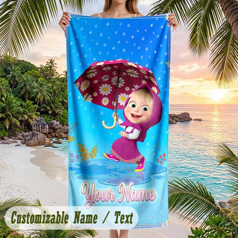Masha and the Bear Beach Towel, Personalized Custom Text, Quick Dry Soft Large Towel For Swimming Pool Travel