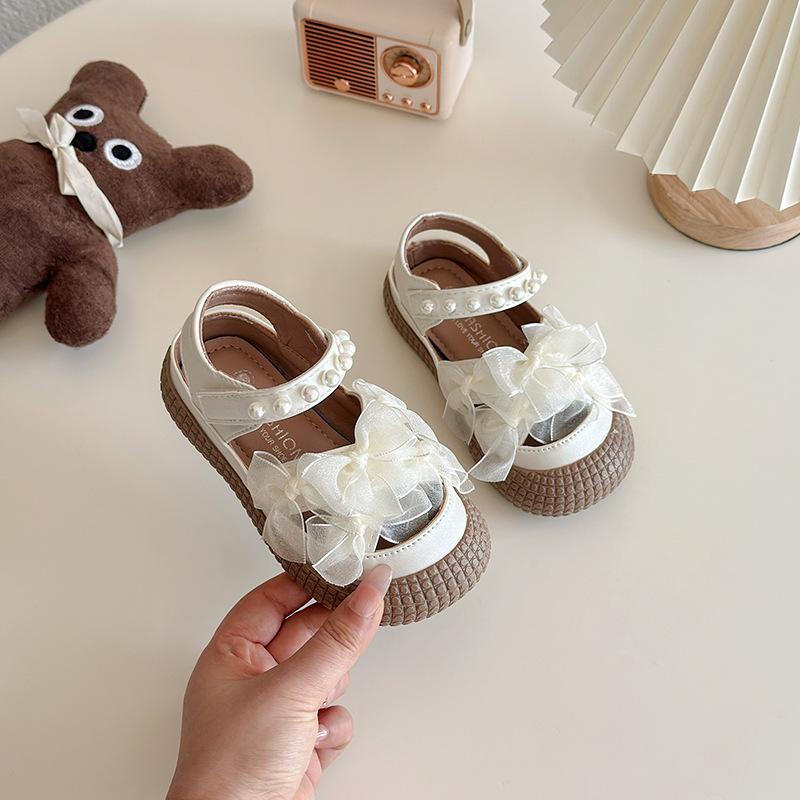 

Girls Princess Shoes Mesh Lace Flowers Sweet Pearls Kids Sandals Toes Capped Non-slip 2025 New Children Flats for Summer Soft 21 бежевий