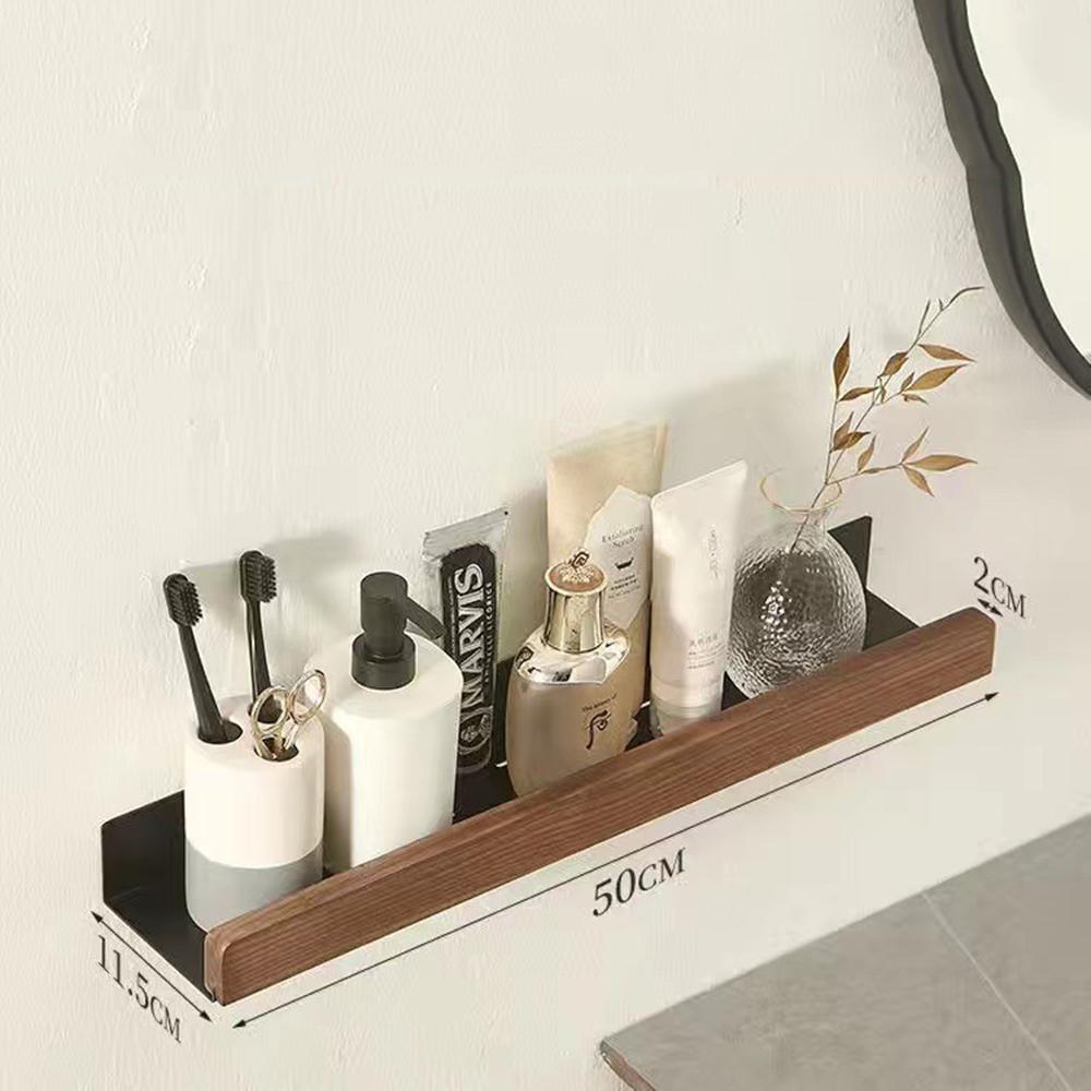 Simple Solid Wood Water Proof Bathroom Shelf for Washbasin Cosmetics Non Perforated Livingroom Wall Mounted Home Decorative Rack