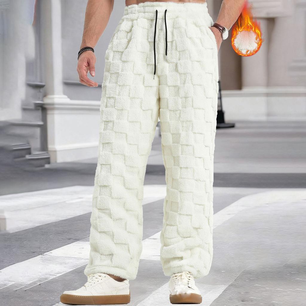 Men's Drawstring Straight Checkered Warm Sports Casual Trousers