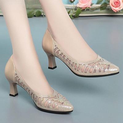Atmungsaktive High Heels Damen Sommer Tasche Kopf Mesh Strass spitze Zehen durchbrochene Damensandalen