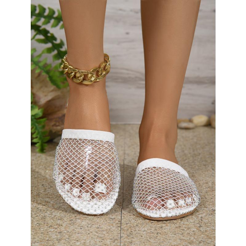 2026 New Women's Closed Toe Slippers Breathable Rhinestone Fishnet Flat Beach Roman Shoes