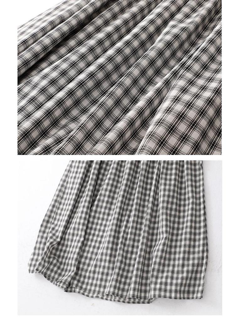2026 Women's Black & White Plaid Drawstring V-Neck Cotton Sleeveless A-line Summer Dress