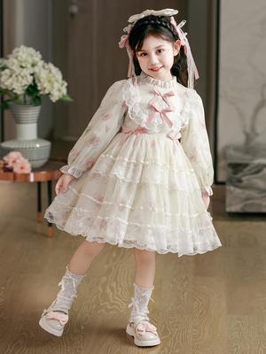Autumn Lolita Lace Print Puff Princess Dress for Girls - Fashionable Evening Wear for Kids