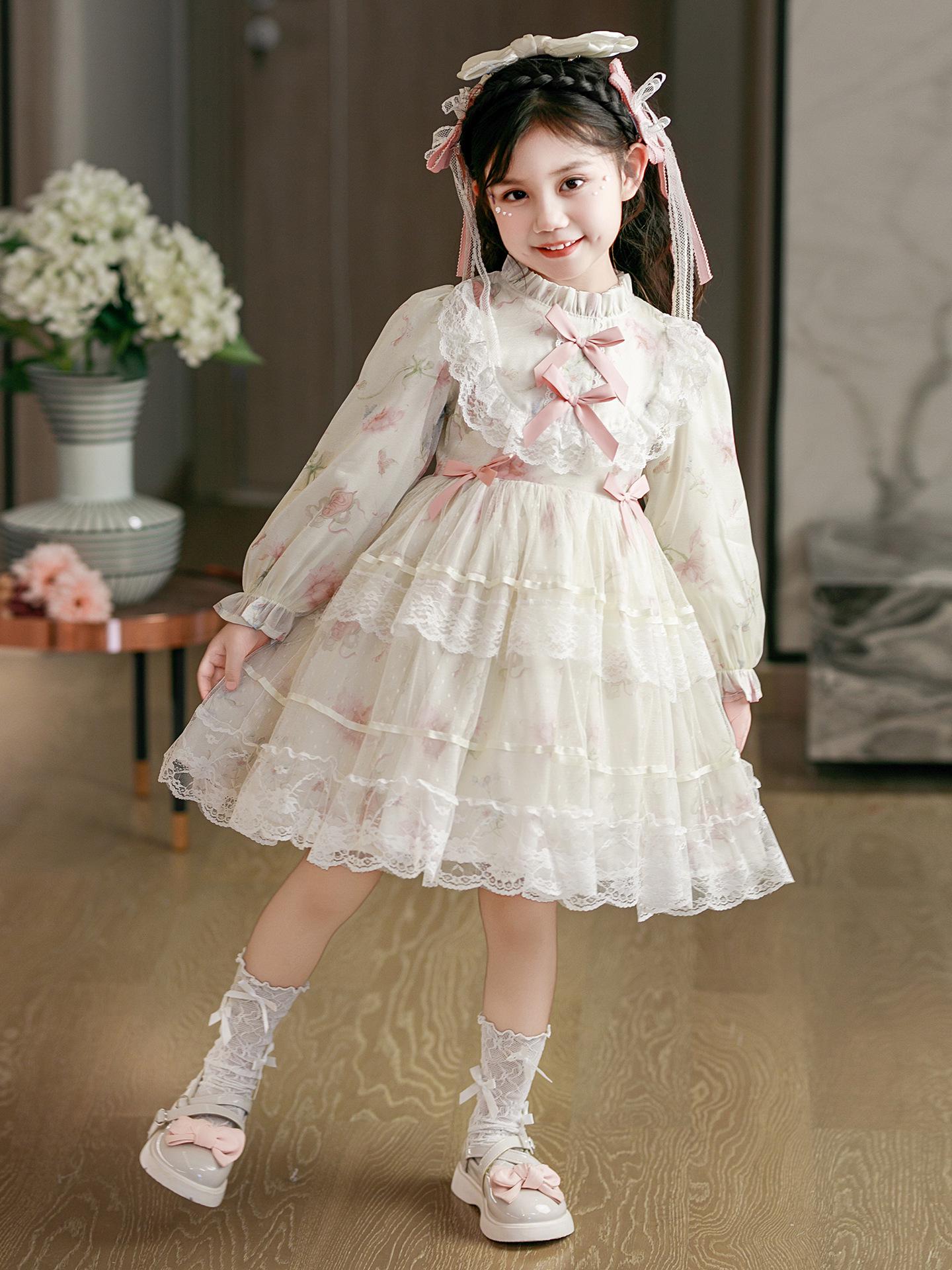 

Осіннє пишне плаття принцеси з мереживом і принтом у стилі Лоліта для дівчаток - Модне вечірнє вбрання для дітей 100cm-150cm/6 pieces абрикосовий