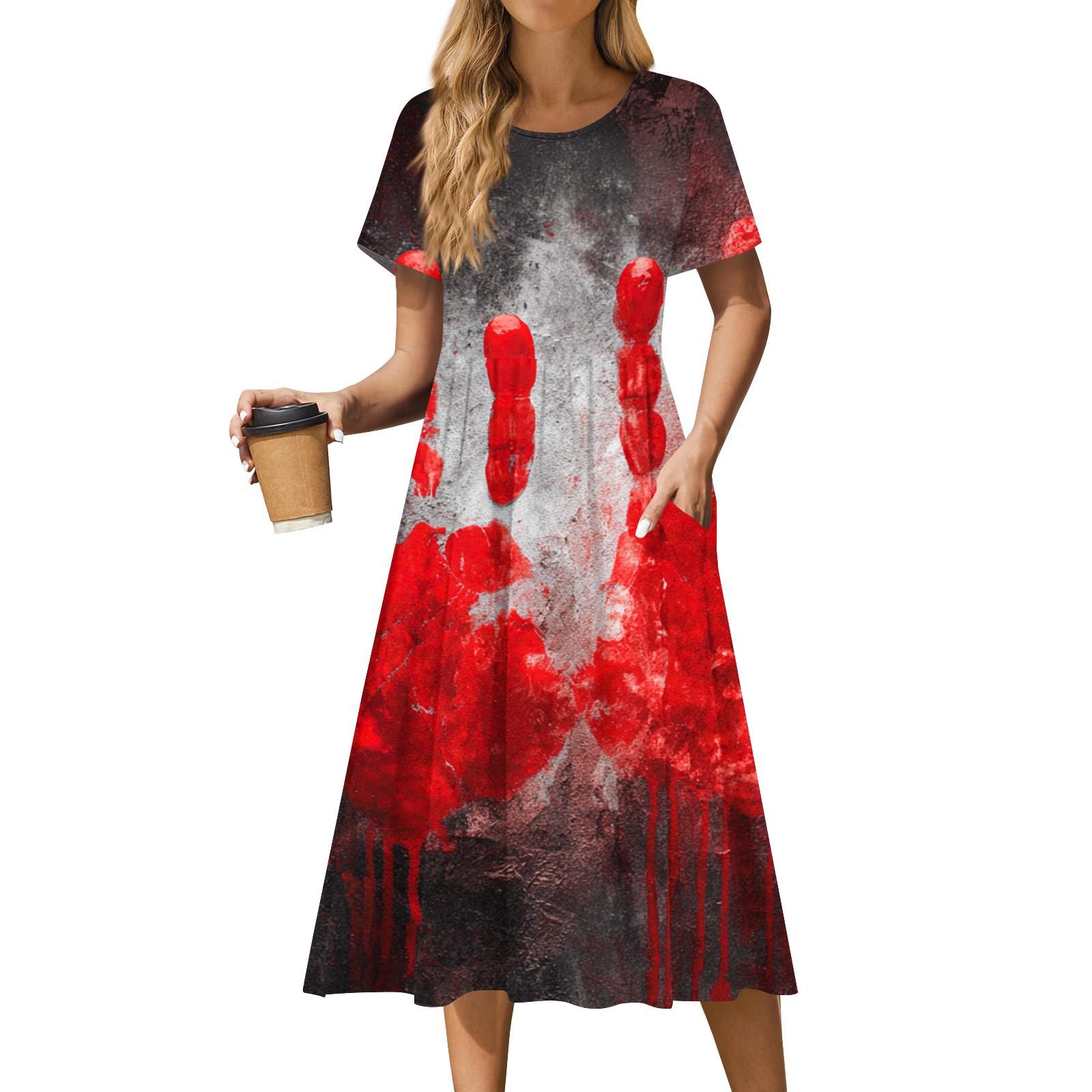 

Женское повседневное модное платье с принтом на Хэллоуин, с коротким рукавом и круглым вырезом XL красный