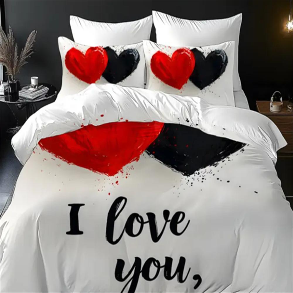 3D Love Heart Design Duvet Cover Set, 100% Polyester, Abstract Pattern, All-Season Soft Sanded Fabric Digital Bedding Set