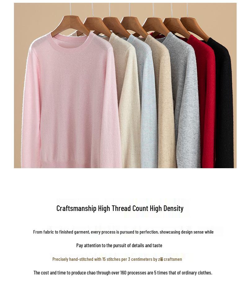 High-End Women's Pure Cashmere Winter Sweater - Round Neck, Versatile Solid Color Knit Pullover