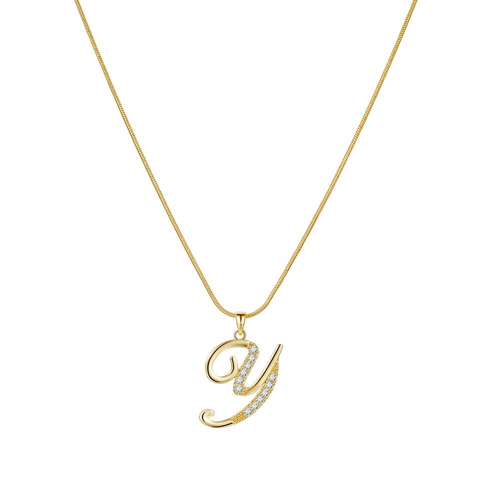 "Elegant 26-Letter Zircon Inlaid Gold Snake Chain Necklace"
