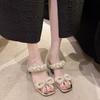 Gentle Bow Thick-heeled Sandals for Women in The Summer of 2025, A New One-line, Transparent Water Diamond Square Toe Fairy Shoe