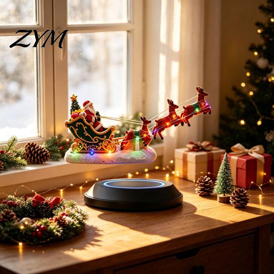 Holiday Home Office Desk Decorations Floating Santa Sleigh Centerpiece, Magnetic Levitation Flying Ornament with LED Christmas Gift for Friends Light,