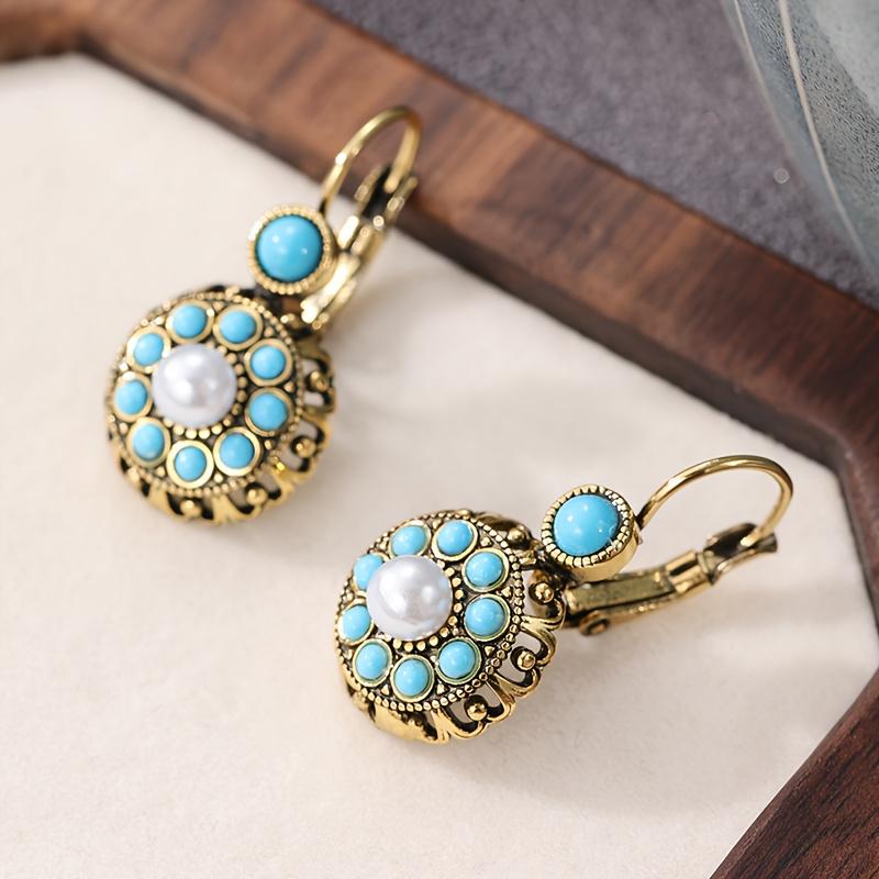 Vintage Ethnic Style Flower Shape with Blue Synthetic Turquoise Women's Earrings Design Suitable for Daily Holiday Gifts