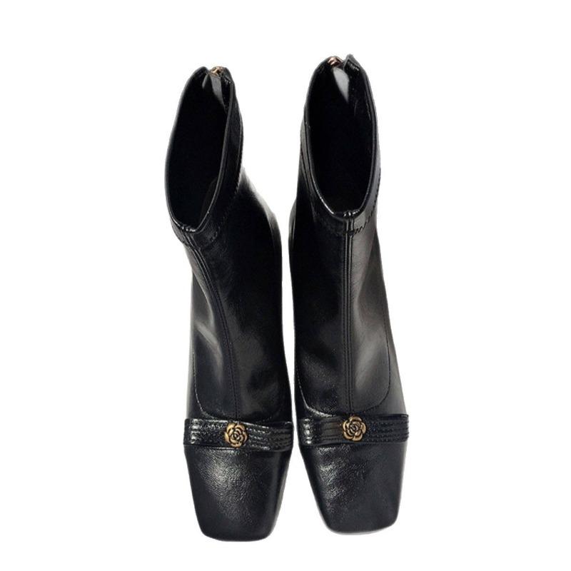Round-toe Thick-soled Short Boots Made of Soft Leather with Elastic Material, High-heeled Women's Shoes