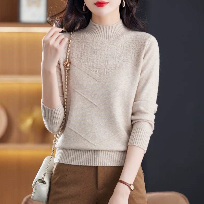 Женский осенне-зимний вязаный свитер Зимний однотонный вязаный свитер Свитер с полувысоким воротом Свободный 3XL хаки