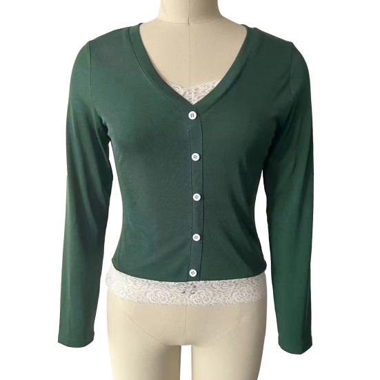 Women Tops V Neck Long Sleeve Lace Splicing Fake Two-Piece Design Blouse Slim Fit Casual Tops Work Party Date Daily Wear