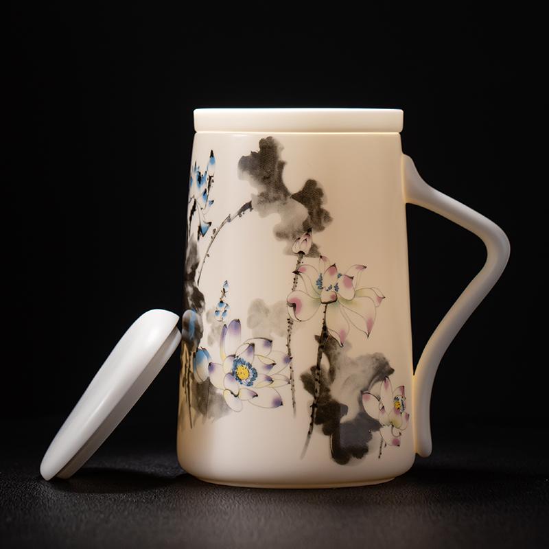 Mug with Lid Large Capacity Letter Creative Ceramic Water Cup Tea Cup Office Cup Customized Mutton Fat Jade Overglazed Color