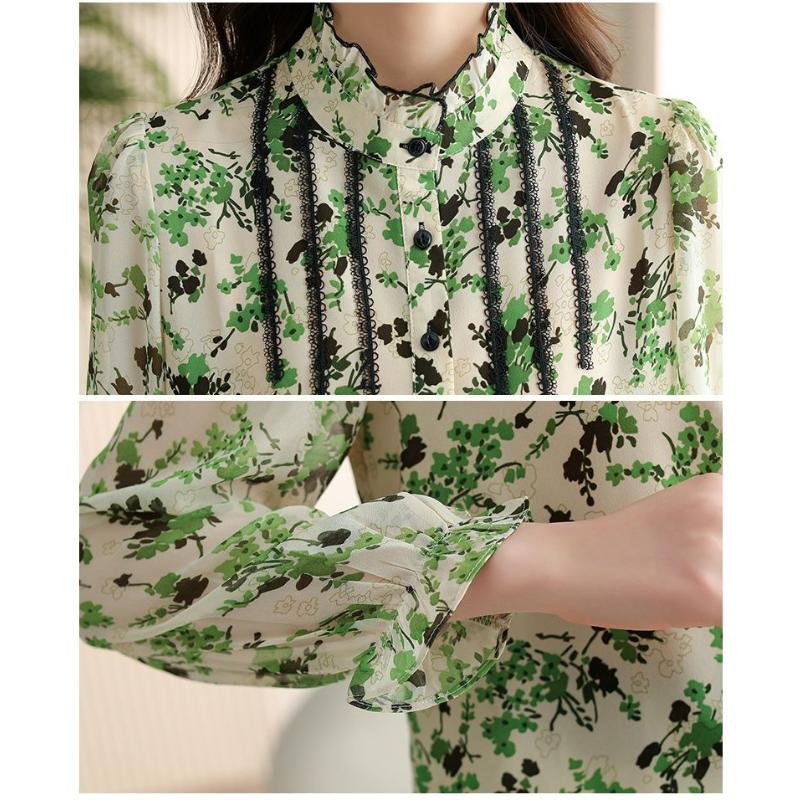 Print Chiffon skjorte våren nye kvinner langermet volanger bluse mote topp