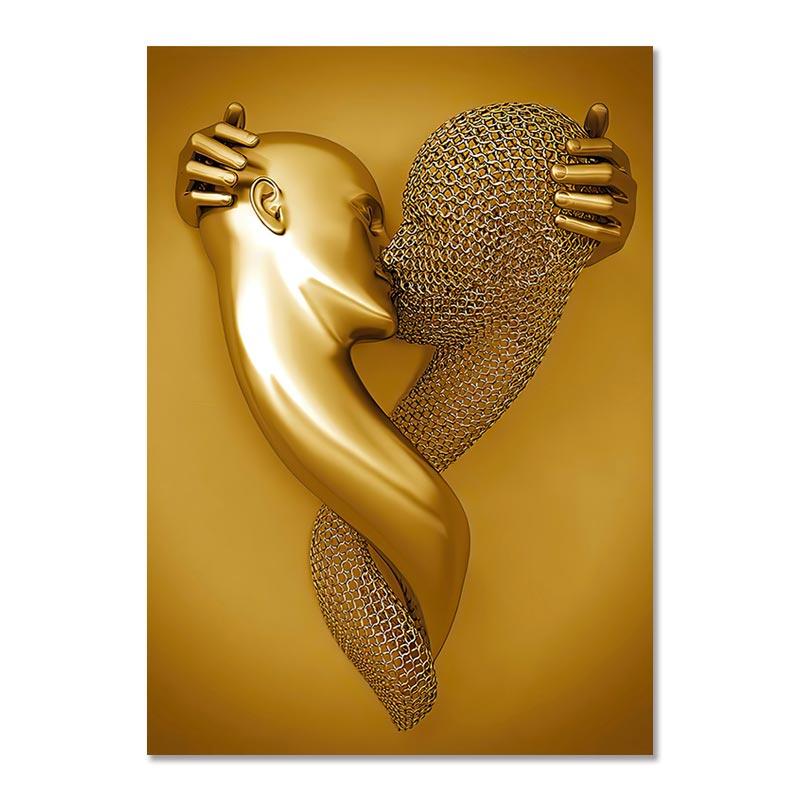 Metal Figure Statue Art Canvas Painting Golden Modern Lovers Sculpture Poster and Print Wall Pictures for Living Room Home Decor