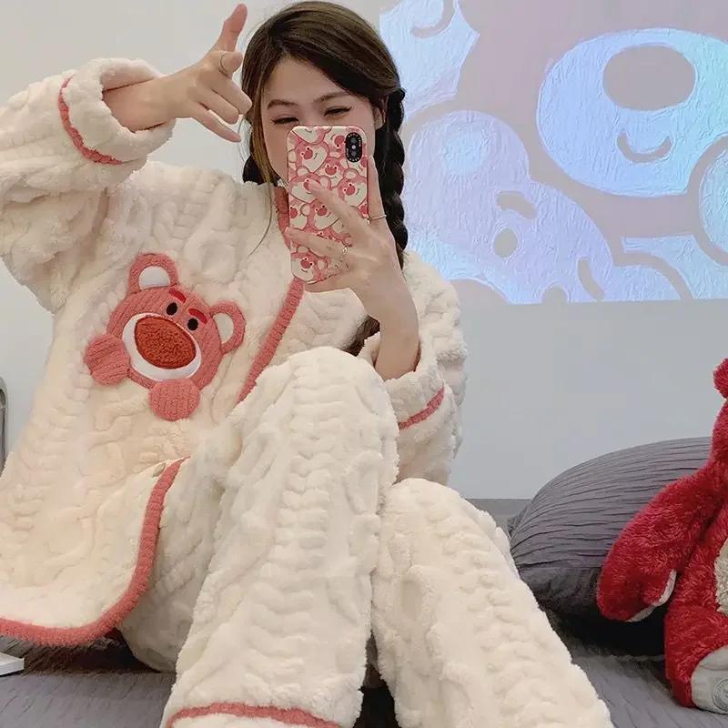 Pajamas Women Autumn Winter Homewear Plus Thicken Coral Velvet Warm Household Clothing Suit V-neck Loungewear