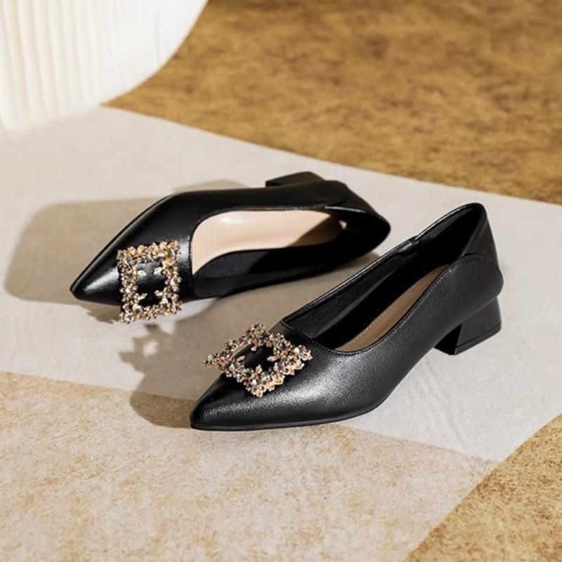 

Qianjin wind thick heel single shoes women s spring new pointed head shallow mouth square buckle rhinestone versatile temperament high heels 41 чёрный
