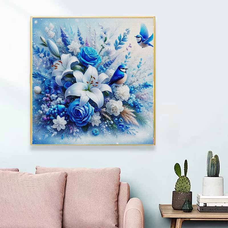 New Arrival 5D DIY Full Circle Diamond Painting "Blue Flowers and Birds" Embroidery Cross Stitch Home Decor Gift