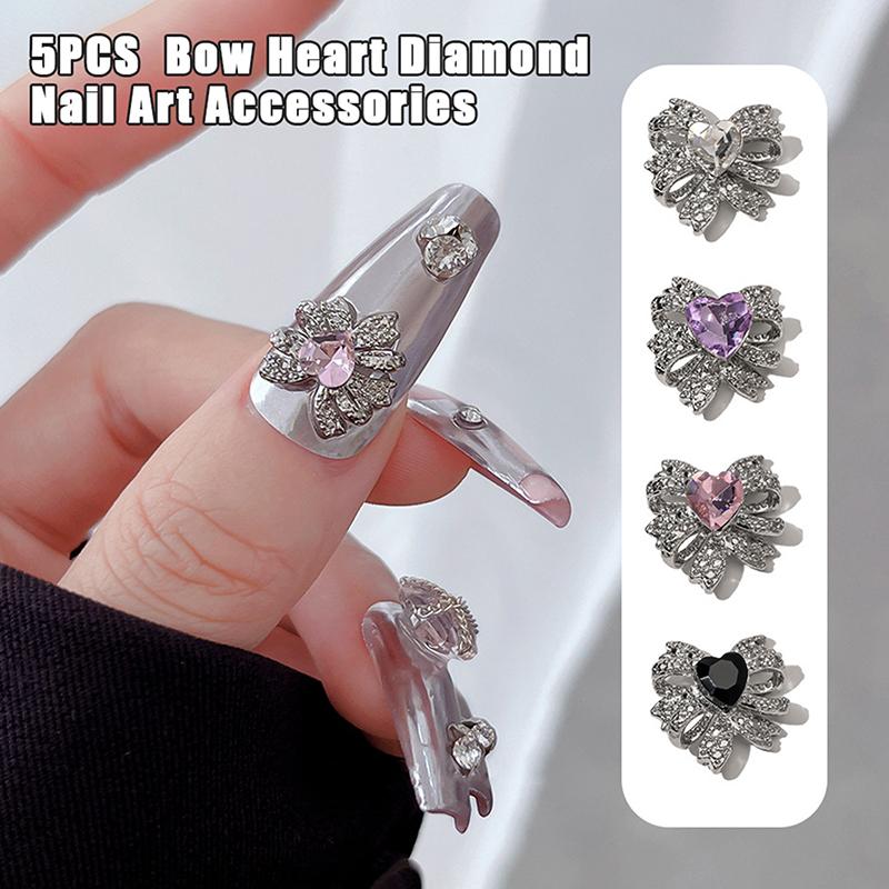 5Pcs Bows Heart Diamond Nail Art Charm 3D Alloy Bow Heart Nail Decoration Diy  Nail Accessories
