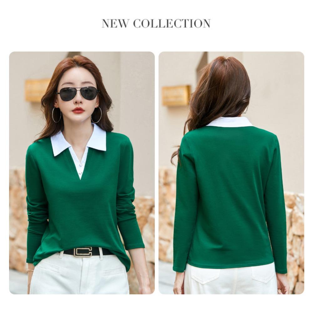 Autumn Winter Women's Long Sleeve T-Shirt Lapel Collar Casual Top