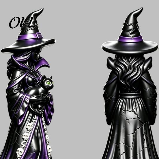 Dark Style Room Accents Lighted Witch Figurine, Holding Black Cat Statue, Gothic Mysterious Statue Sculpture with LED Lights for Halloween Table