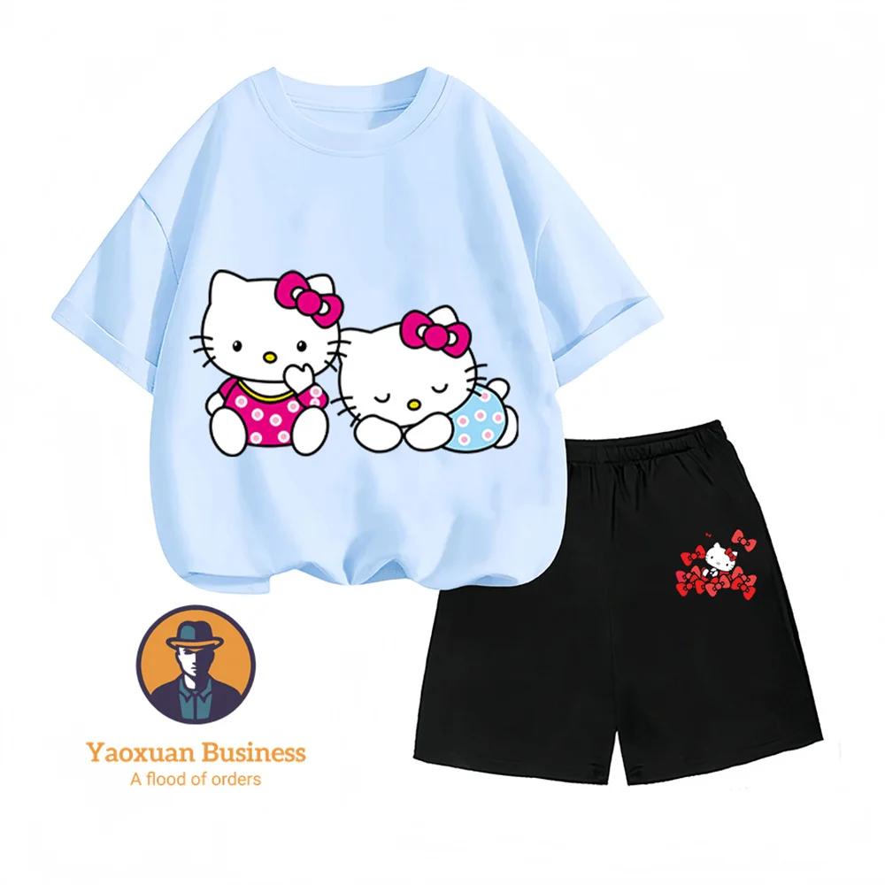 Loose and comfortable Hello Kitty cartoon crew neck two-piece summer set for kids