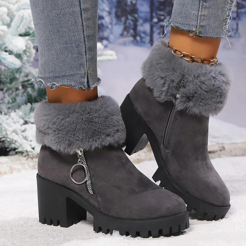 Fashionable Women's Fur Lined Snow Boots Large Cotton Boot Thick Heel Short Boot Rubber Upgraded Version Winter Boots