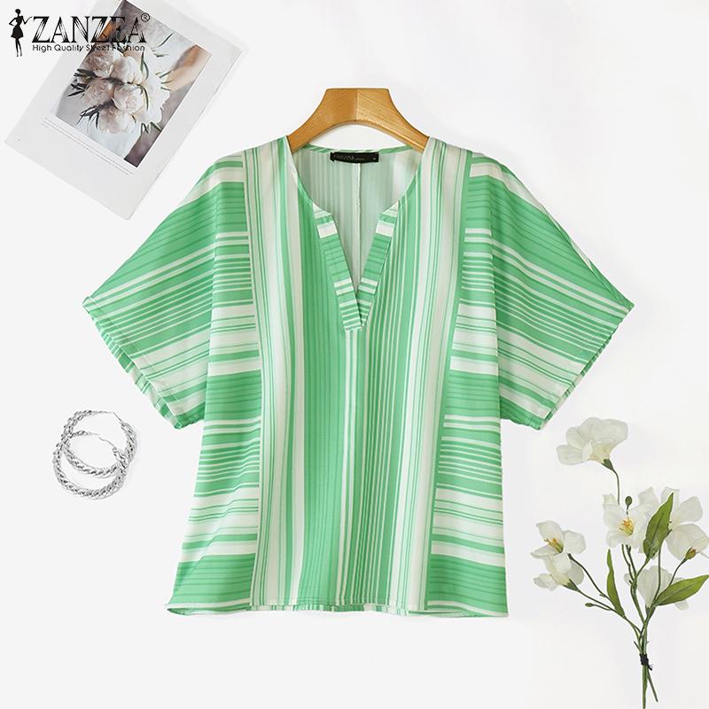 ZANZEA Women Summer V-Neck Loose Irregular Stripe Short Sleeve Blouse
