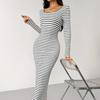 2026 Spring Fashion White Stripe Long Sleeve Sexy Square Colla Maxi Dress for Women Casual Skinny Straight Elastic Knit Dresses