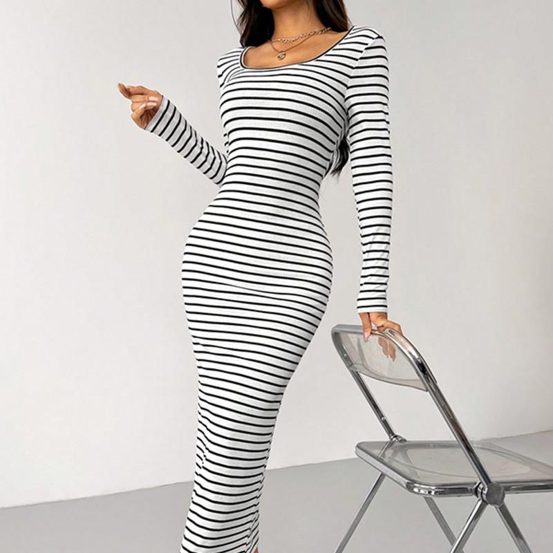 2026 Spring Fashion White Stripe Long Sleeve Sexy Square Colla Maxi Dress for Women Casual Skinny Straight Elastic Knit Dresses