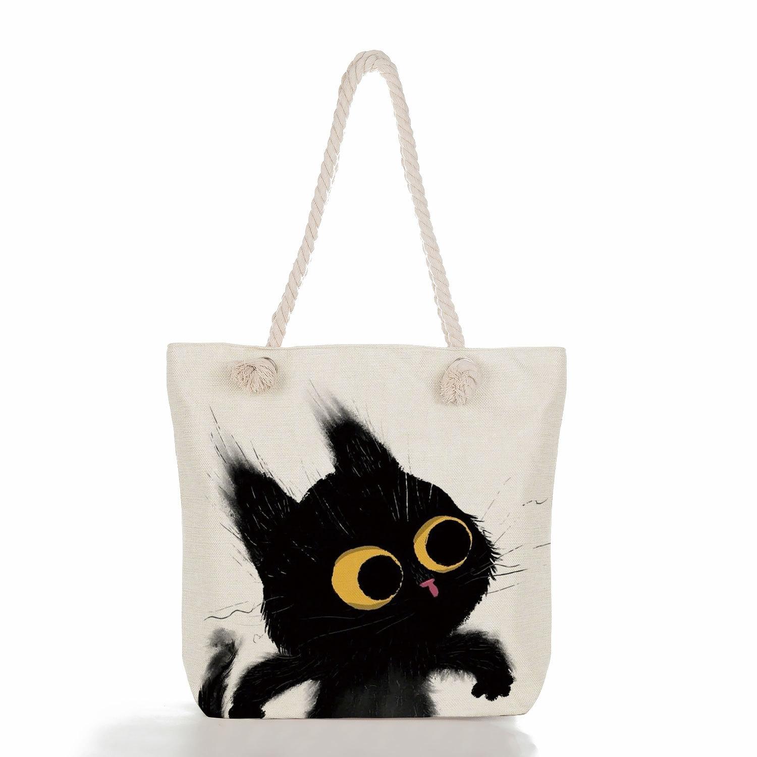Black cat print thick rope single-shoulder beach bag 7212