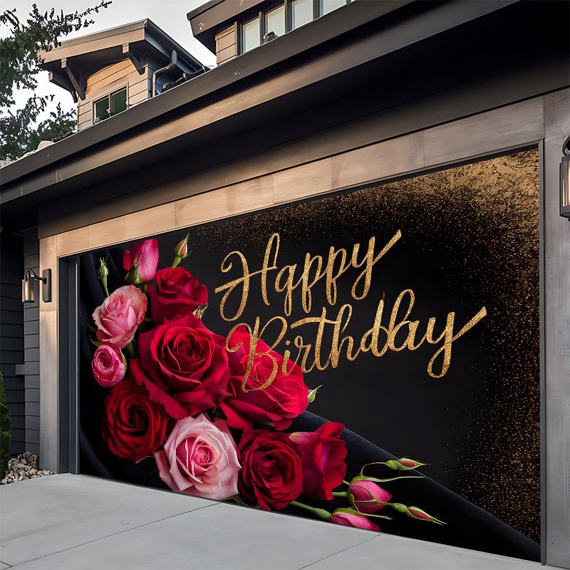 Party Backdrop Pink Red Elegant Flat Golden Glittery Text Roses Flowers Photo Background Decor Birthday Party Decor