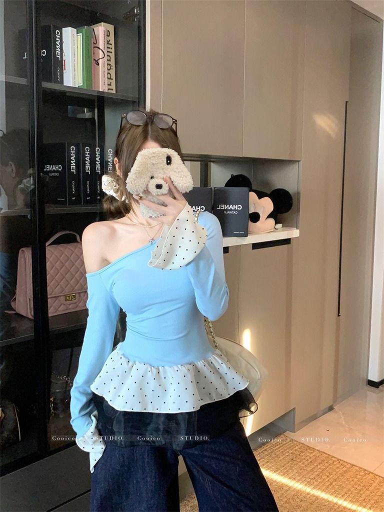 Women's Gray Slim-Fit Off-Shoulder Fur Collar Long-Sleeve Top for Autumn/Winter