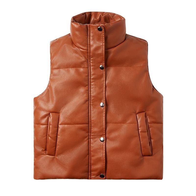 

Autumn and winter women s leather vest sleeveless padded cotton zipper cotton clothes fashion stand-up collar European size jacket XXXL