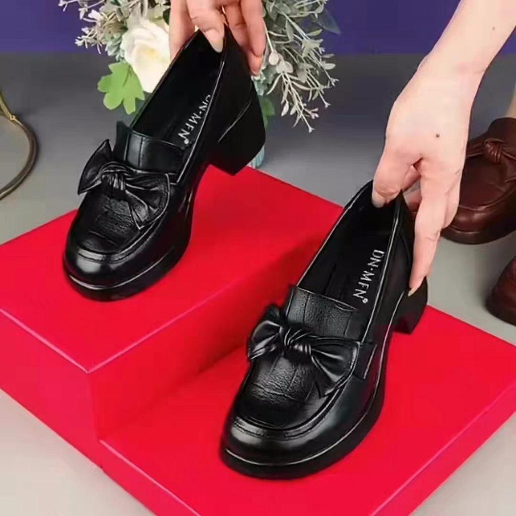 Woodpecker Women's Chunky Heel Bow Loafers - Autumn 2025 Round Toe Mid Heel Shoes