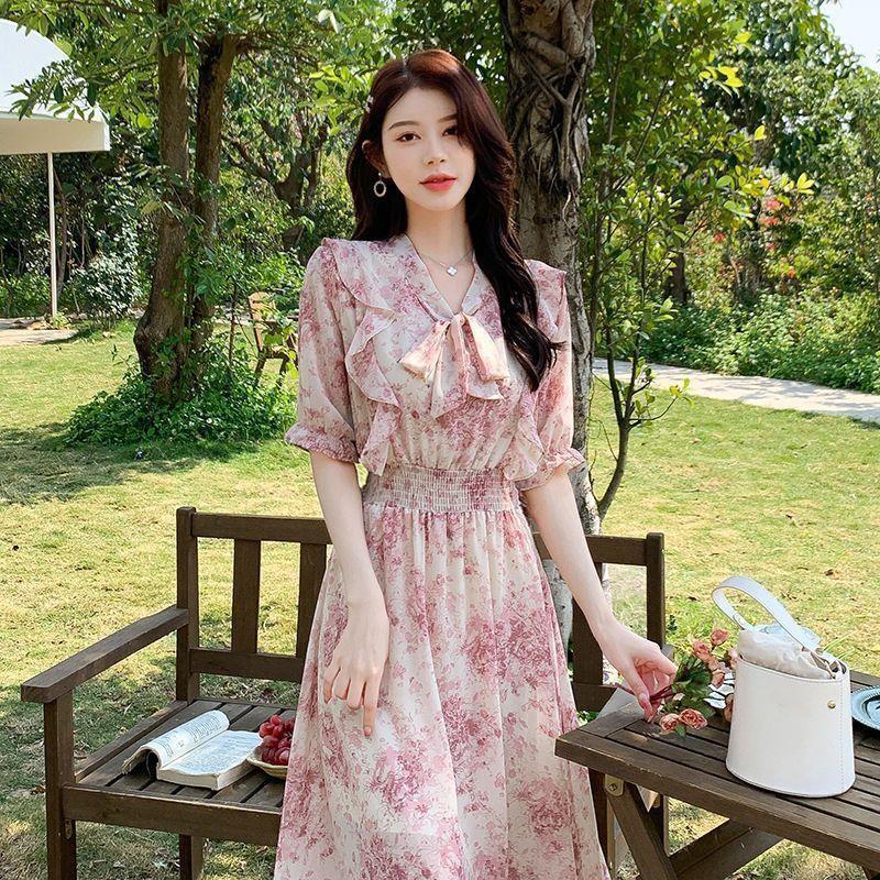 High-End French-Style Floral Slimming Mid-Length Dress XL