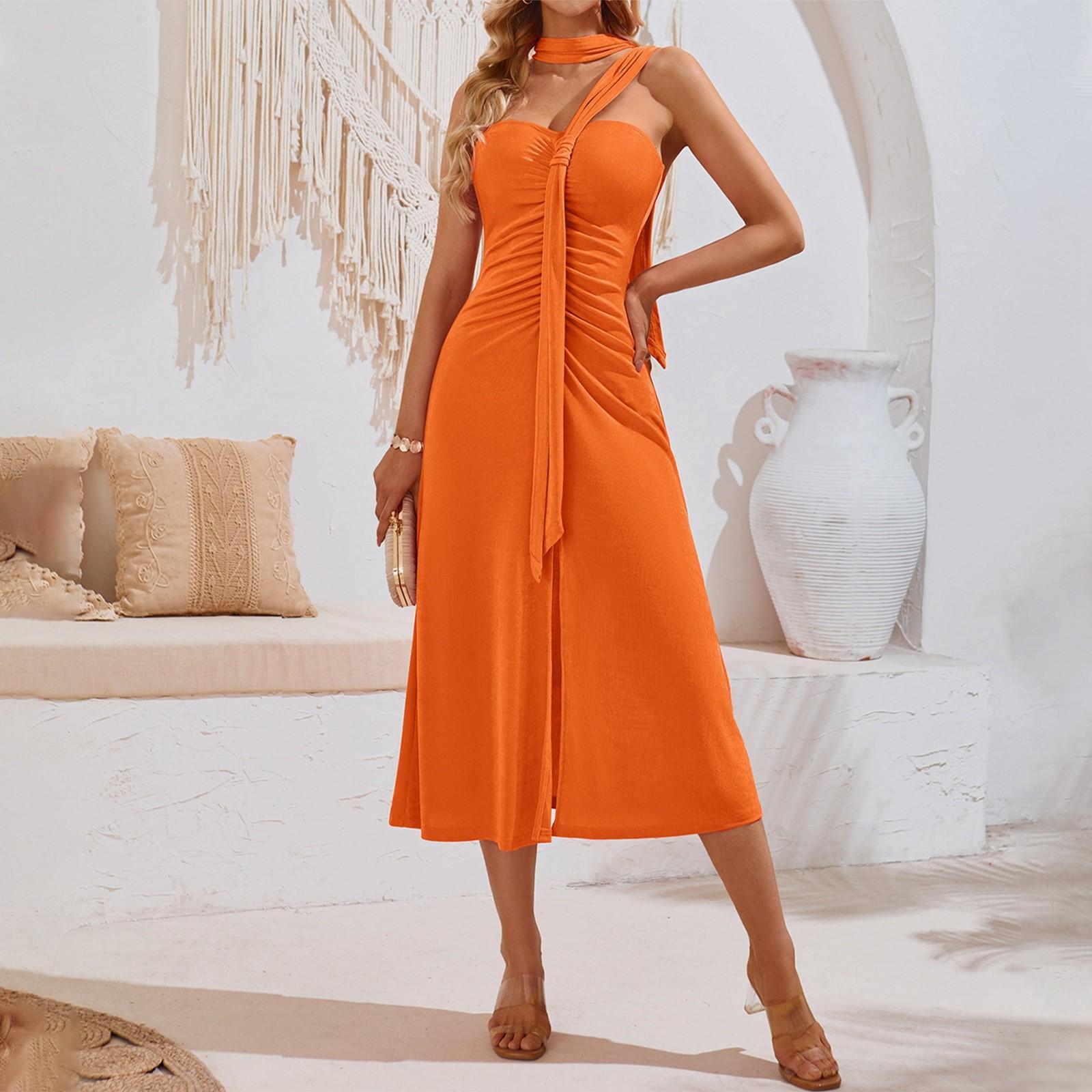 

Женское плиссированное платье без рукавов с вырезом в форме сердца и открытыми плечами с завязками XL оранжевый